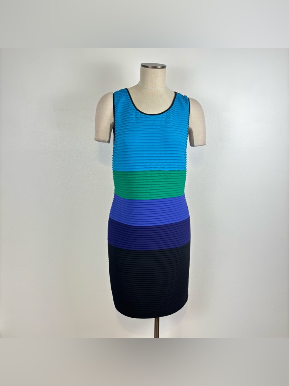 Calvin Klein Womens 12 Green Blue Purple Black Color Block Ribbed Sheath Dress